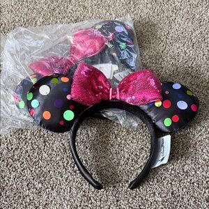 Disney Park Minnie Ears Headbands with Bright Polka Dots and Pink Sequin Bow
